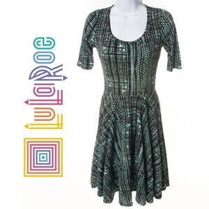 LuLaRoe Teal Black Print Fit and Flair Dress Black and Green Print- EUC